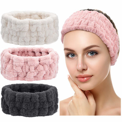 Picture of Chuangdi 3 Pieces Spa Headband for Women Facial Makeup Headband Soft Terry Cloth Hairband for Washing Face Mask Spa Shower Gifts(Pink, Milky-White, Dark Grey)