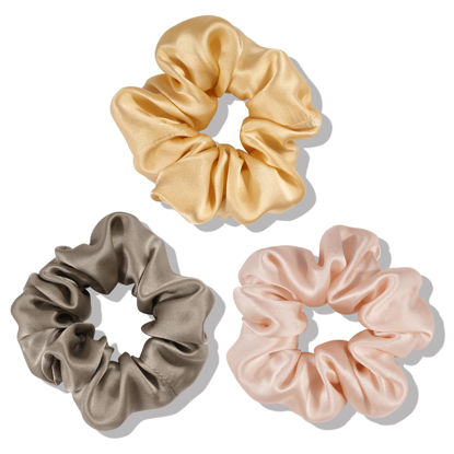 Picture of OLESILK 100% Mulberry Silk-Scrunchies for Hair Sleep, Women Grils Silk Hair Ties for Frizz & Breakage Curly Hair, No Damage, Elastics Ponytail Holder, 3 Pack