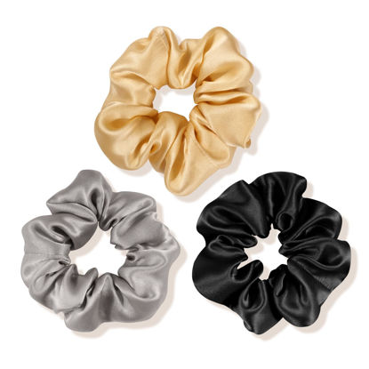 Picture of OLESILK 3 Count, 100% Mulberry Silk Scrunchies for Women, Silk Hair Ties for Curly Hair, Pink, Black, Navy, 19MM, 6A Grade, Hair Accessories