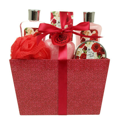 Picture of Valentines Day Gifts for Her Bath and Body Spa Gift Baskets for Women, Spa Kit Birthday Includes Love of Rose Scent Shower Gel, Bubble Bath, Body Lotion, Bath Salt,Red Bath Puff and Heart Bath Bomb