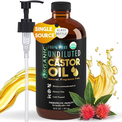 Picture of Balm of Gilead Organic Castor Oil for Skin Hydration - Therapeutic Cold Pressed, USDA Certified 100% Pure, Glass Bottle - 16 oz Unrefined, Hexane Free, Castor Oil for Hair & Eyelashes Growth