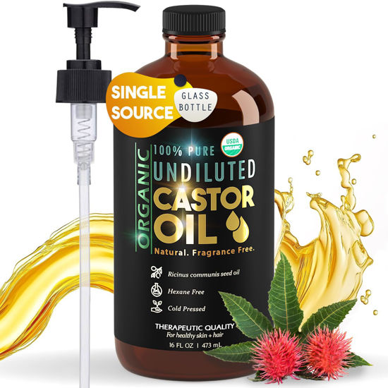 Picture of Balm of Gilead Organic Castor Oil for Skin Hydration - Therapeutic Cold Pressed, USDA Certified 100% Pure, Glass Bottle - 16 oz Unrefined, Hexane Free, Castor Oil for Hair & Eyelashes Growth