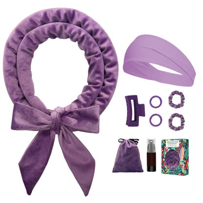 Picture of Gwabee No Heat Overnight Curl Headband, 70" Soft Ribbon Wrap with 9 PCS Curling Rods and Yoga Strap - Purple