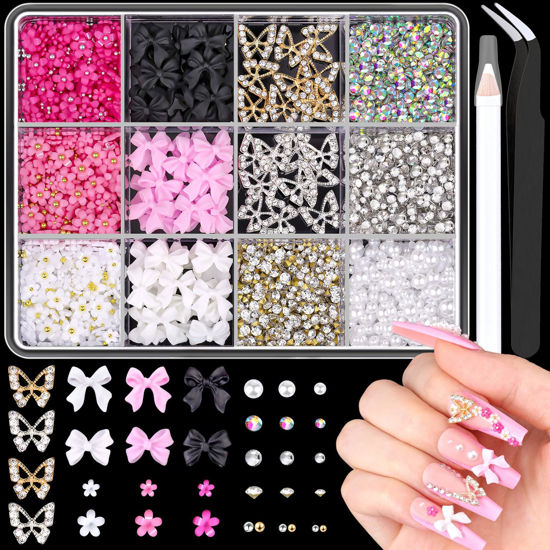 Picture of 3D Nail Charms and Gems Set 9, 20PCS Chunky Butterfly Charms + 60PCS Coquette Nail Bows in 2 Styles + 3D Flowers for Nails with Rhinestones, Pearls, Diamonds, and Picker Tools for Y2K Nail Decor