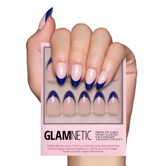 Picture of Glamnetic Press On Nails - French Riviera | Semi-Transparent Navy Blue French Tip Short Almond False Nails, Reusable Stick On Fake Nails with Glue | Salon Quality | 15 Sizes - 30 Nail Kit