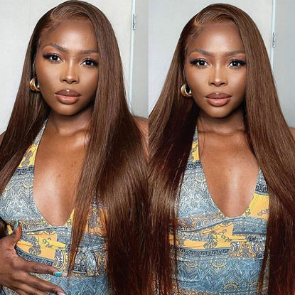Picture of 13x6 Chocolate Brown Lace Front Wig Human Hair HD Transparent Straight Lace Front Wigs Human Hair Pre Plucked Brown Wig Human Hair Colored #4 Frontal Wigs Human Hair (32 Inch)