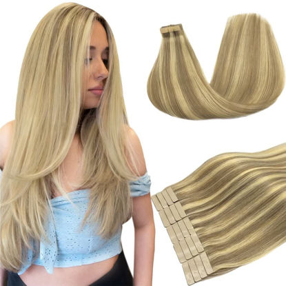 Picture of DOORES Hair Extensions Tape in Human Hair, Light Blonde Highlighted Golden Blonde 20 Inch 20pcs 50g, Tape in Hair Extensions Reamy Straight Hair Natural Hair