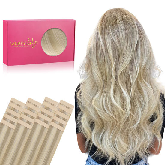 Picture of WENNALIFE Tape in Hair Extensions Human Hair, 20pcs 16 inch 50g Ash Blonde to Golden Blonde and Platinum Blonde Remy Tape Hair Extensions Real Human Hair Tape Extensions Coloured Hair Extensions