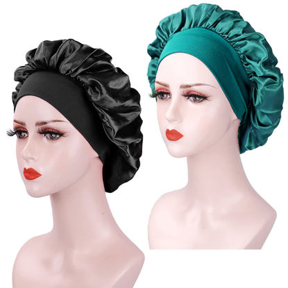Picture of 2Pcs Silk Bonnet for Sleeping, Soft Elastic Band Silk Bonnet for Curly Hair, Satin Hair Bonnets For Black Women, Breathable Bonnet For Locs Silk Sleep Cap（Black+Teal）