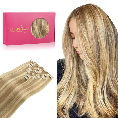 Picture of WENNALIFE Clip in Human Hair Extensions, 16 Inch 120g 7pcs Light Blonde Highlighted Golden Blonde Hair Extensions Clip In Human Hair Remy Clip in Hair Extensions Real Human Hair Double Weft
