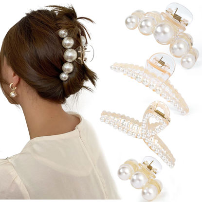 Picture of Mehayi 4 PCS Large Pearl Hair Claw Clips for Women Girls, Hair Barrette Clamps for Thick Thin Hair, Fashion Hair Accessories Headwear Styling Tools for Party Wedding