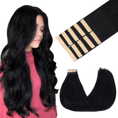 Picture of GOO GOO Tape in Hair Extensions Human Hair, 1 Jet black, 16inch 25g 10pcs, Thick Ends Straight Seamless Tape in, Invisible Tape in Hair Extensions Human Hair