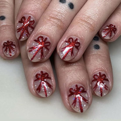 Picture of Christmas Press on Nails Short Almond MABKJLF Nude Fake Nails False Nails with Designs Red Glitter Bow Full Cover Glossy Glue on Nails Stick on Nails for Women Girls 24 Pcs
