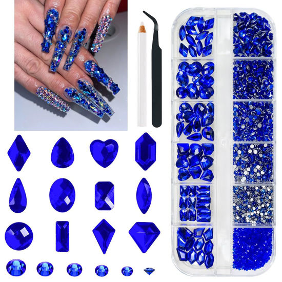 Picture of qiipii 2052Pcs Sapphire Blue Nail Art Rhinestones Kit Royal Blue Nail Charms Multi Shapes Crystal Flatback Rhinestones Big Gems + Round Beads Glass Stones Diamonds Jewels for Nails Faces Eyes Makeup