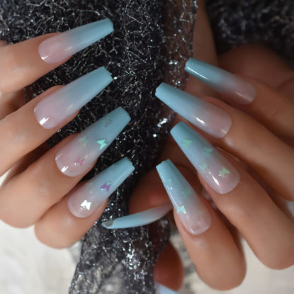 Picture of Coolnail Shiny Ombre Grandient Blue French Ballerina Press on False Nails Extra Long 3D Butterfly Coffin Stick On Fake Fingers nails