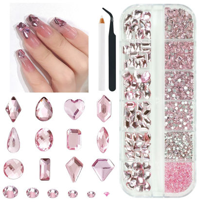 Picture of qiipii 2052Pcs Pink Nail Rhinestones Light Pink Rhinestones for Nails 72 Multi Shapes Big Gems +1980 Flatback Round Beads K9 Glass Crystals Diamonds jewels Nail Charms Nail Art for Nails Faces Makeup