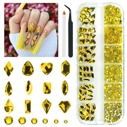 Picture of qiipii 1802Pcs Golden Yellow Nail Rhinestones Kit 72 Multi Shapes Crystal Flatback Gold Yellow Rhinestones Big Gems +1730 Round Beads K9 Glass Stones Diamonds jewels Charms for Nails Faces Eyes Makeup
