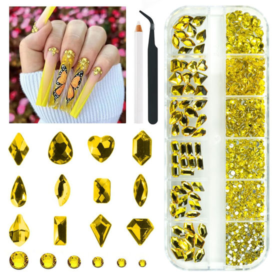 Picture of qiipii 1802Pcs Golden Yellow Nail Rhinestones Kit 72 Multi Shapes Crystal Flatback Gold Yellow Rhinestones Big Gems +1730 Round Beads K9 Glass Stones Diamonds jewels Charms for Nails Faces Eyes Makeup