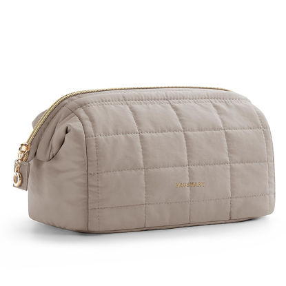 Picture of BAGSMART Makeup Bag Travel Toiletry Bag, Puffy Padded Make Up Bags for Women Makeup Organizer Case, Wide-open Pouch Purse Travel Essentials Toiletries Accessories Brushes, Camel