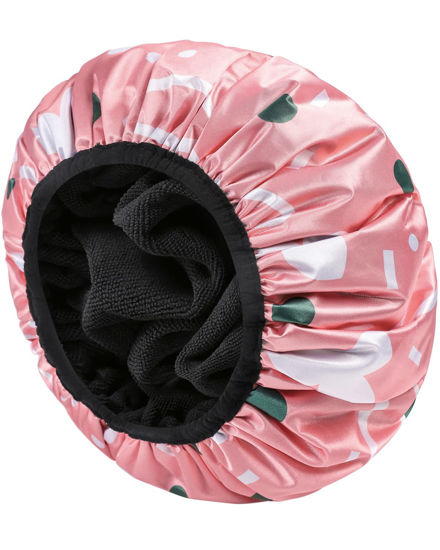 Picture of YIZIJIZI Terry Lined Shower Caps, Triple Layer Large Shower Cap for Women, Reusable Shower Caps for Long Thick Hair, Waterproof Washable Soft Bath Shower Caps for Hair Care