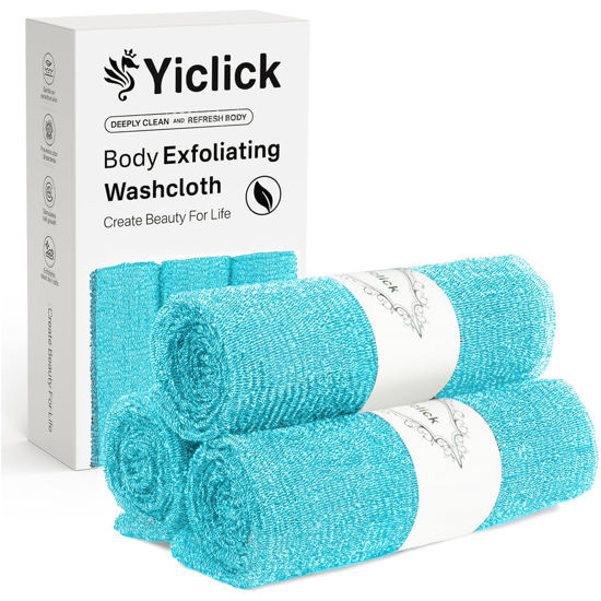 Picture of Yiclick Exfoliating Washcloth Towel [3 Pack], Japanese Exfoliating Bath Wash Cloth for Body Exfoliation, Korean Back Scrubber Washer for Shower, African Net Sponge Brush Loofah Exfoliator (Blue)