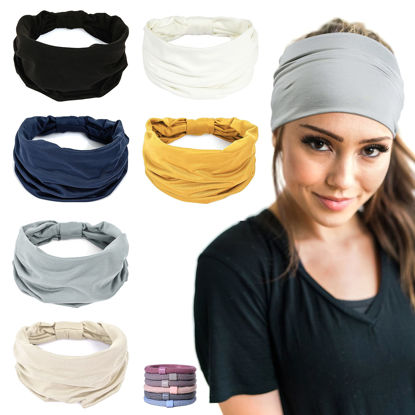 Picture of GILI 6 Pack Wide Headbands for Women Non Slip Soft Elastic Hair Bands Yoga Running Sports Workout Gym Head Wraps, Knotted Cotton Cloth African Turbans Bandana (with 6 Pcs Hair Ties)