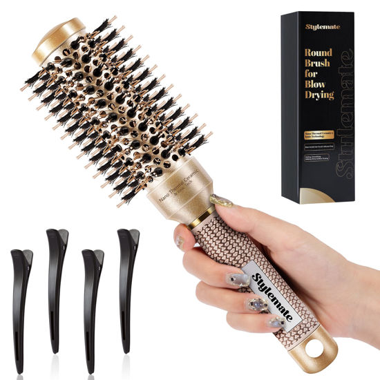 Picture of STYLEMATE Round Hair Brush for Blow Out, Nano Thermal Ceramic & Ionic Tech, 1.3 inch Barrel, Boar Bristles, Roller Brush for Blow Drying and Styling, Includes 4 Free Clips, Gold
