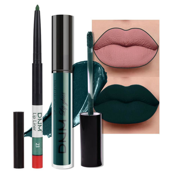 Picture of evpct 2Pcs Matte Dark Green Lipstick and Lip Liner Gloss Makeup Set DNM matt Matte Liquid Lipstick Long Lasting Set 24H and with Lip Liner 23#