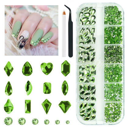 Picture of qiipii 1802Pcs Light Green Nail Rhinestones Grass Green Nail Charms Multi Shapes Crystal Flatback Rhinestones Gems Round Beads Glass Stones Diamonds Jewels Art for Nails Faces Eyes Makeup DIY Crafts