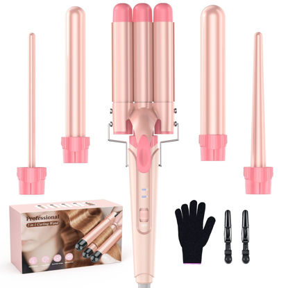 Picture of Waver Curling Iron Curling Wand - BESTOPE PRO 5 in 1 Curling Wand Set with 3 Barrel Hair Crimper for Women, Fast Heating Crimper Wand Curler in All Hair Type - Leather Pink
