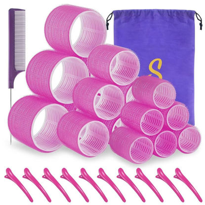 Picture of Self grip hair roller set,18 pcs,Hair rollers with hair roller clips and comb,Salon hairdressing curlers,DIY Hair Styles, Sungenol 3 Sizes Rose red Hair Rollers in 1 set