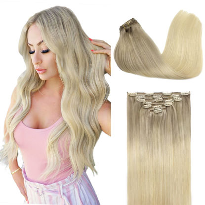 Picture of Human Hair Clip in Extensions, Balayage Ash Blonde to Golden Blonde and Platinum Blonde 24 Inch 120g 7pcs, DOORES Clip in Extensions Human Hair Natural Extensions For Women Clip in Straight Thick Hair