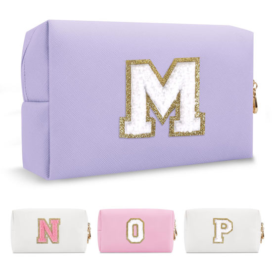 Picture of Personalized Makeup Bag Initial A-Z Preppy Patch Bag,Small PU Leather Travel Cosmetic Bag Pouch with Zipper,Purple Cute Toiletry Bag,Gift Ideal for Teen Girls Women Birthday Friend Mom,Latter M