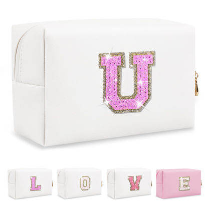 Picture of Small Initial Patch Makeup Bag Personalized Gifts Make Up Bag,White Cute PU Leather Glitter Letter Cosmetic Bag with Zipper,Trendy Portable Travel Toiletry Pouch,Preppy Stuff for Teen Girls Women U