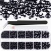Picture of Belleboost Flat Back Pearls Kits 1 Box of Flatback Black Half Round Pearls with Pickup Pencil and Tweezer for Home DIY and Professional Nail Art, Face Makeup and Craft