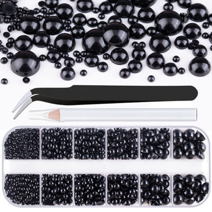 Picture of Belleboost Flat Back Pearls Kits 1 Box of Flatback Black Half Round Pearls with Pickup Pencil and Tweezer for Home DIY and Professional Nail Art, Face Makeup and Craft