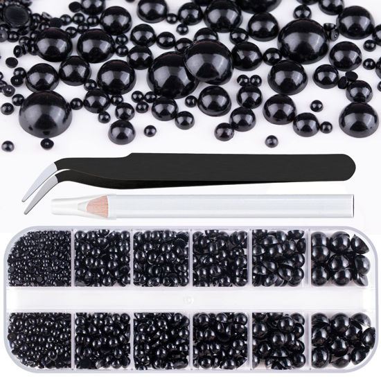 Picture of Belleboost Flat Back Pearls Kits 1 Box of Flatback Black Half Round Pearls with Pickup Pencil and Tweezer for Home DIY and Professional Nail Art, Face Makeup and Craft
