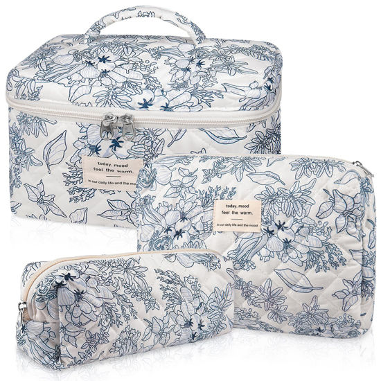 Picture of Makeup Bag Set, Quilted Makeup Bag, Large Floral Cosmetic Bag for Women, Cute Cotton Makeup Bag, Flower Travel Toiletry Organizer Bag. (Navy Blue)