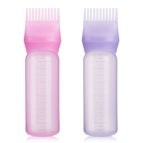 Picture of Pimoys 2 Pack Root Comb Applicator Bottle 6 Ounce Oil Applicator for Hair Dye, Hair Oiling Applicator Brush with Graduated Scale, Pink and Purple