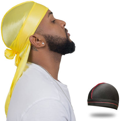 Picture of ForceWave Silky Durag for Men Wave Cap Satin Dorag for Men Women 360 Wave Yellow