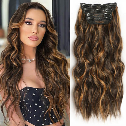 Picture of ALXNAN Clip in Hair Extensions for Women,Medium Brown Mix Caramel Brown Long Wavy Hair Extensions Clip Ins 4PCS 20 Inch Synthetic Soft and Natural Thick Hair Pieces for Women