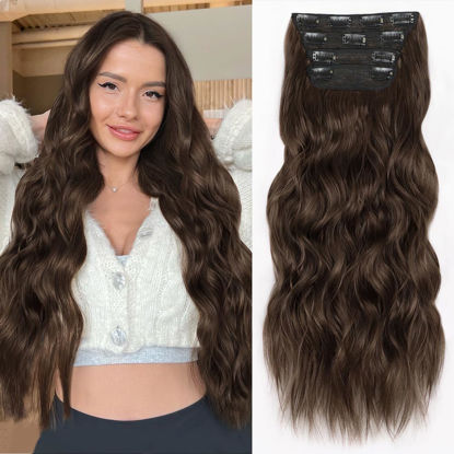Picture of ALXNAN Clip in Hair Extensions for Women,Chocolate Brown with Dark Brown Long Wavy Hair Extensions Clip Ins 4PCS 24 Inch Synthetic Soft and Natural Thick Hair Pieces for Women