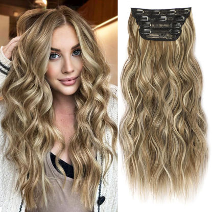 Picture of ALXNAN Clip in Hair Extensions for Women,Medium Brown Ash Blonde Long Wavy Hair Extensions Clip Ins 4PCS 20 Inch Synthetic Soft and Natural Thick Hair Pieces for Women