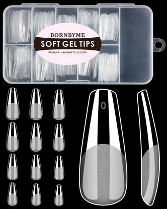 Picture of Soft Gel Nail Tips Long Coffin, 120PCS Pre Buff Full Cover Shaped Nail Extenison Tips Half Matte Gel X Nail Tips BORNBYME