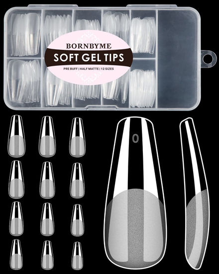 Picture of Soft Gel Nail Tips Long Coffin, 120PCS Pre Buff Full Cover Shaped Nail Extenison Tips Half Matte Gel X Nail Tips BORNBYME