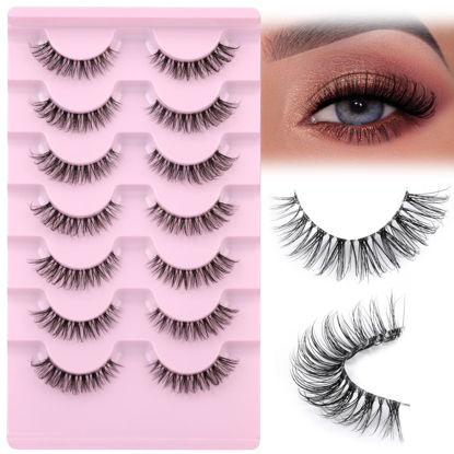 Picture of JIMIRE Lashes Natural Look Clear Band Demi-Wispies Short False Eyelashes Fluffy 3D Cat Eye 13MM Strip Lashes 7 Pairs Pack