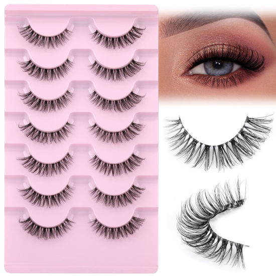 Picture of JIMIRE Lashes Natural Look Clear Band Demi-Wispies Short False Eyelashes Fluffy 3D Cat Eye 13MM Strip Lashes 7 Pairs Pack