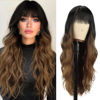 Picture of Vomella Black to Brown Wig With Bangs 26 Inch Long Curly Wave Wig for Women Natural Looking Synthetic Heat Resistant Wig for Daily Party Use