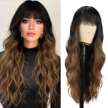 Picture of Vomella Black to Brown Wig With Bangs 26 Inch Long Curly Wave Wig for Women Natural Looking Synthetic Heat Resistant Wig for Daily Party Use