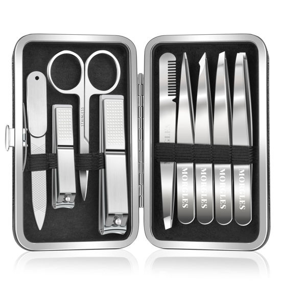 Picture of Tweezers and Nail Clipper Set with Case for Men Women, MORGLES 9 Pcs Professional Stainless Steel Tweezers No Gaps